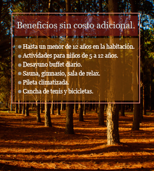 Beneficios sin costo adicional. Hasta un menor de 12 aos en la habitacin. Actividades para nios de 5 a 12 aos.Desayuno buffet diario.Sauna, gimnasio, sala de relax.Pileta climatizada. Cancha de tenis y bicicletas. 