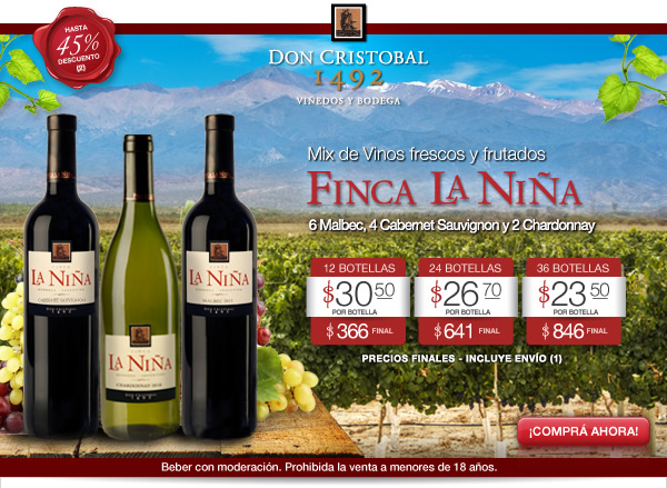 Hasta 45% descuento. FINCA LA NIA. 6 Malbec, 4 Cabernet Sauvignon y 2 Chardonnay. COMPR AHORA!