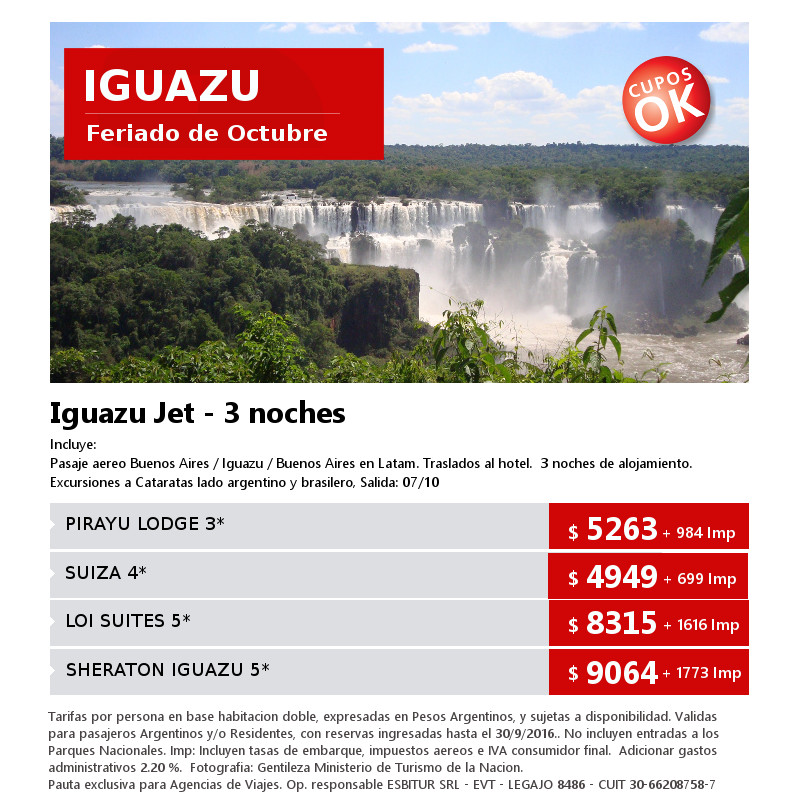 IGUAZU JET * FERIADO DE OCTUBRE * CUPOS OK