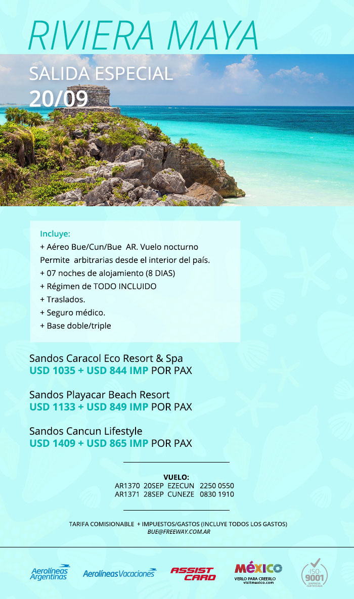 RIVIERA MAYA EN PRIMAVERA Y CON SANDOS!!!!!! FREE WAY BUENOS AIRES bue@freeway.com.ar 14 hs